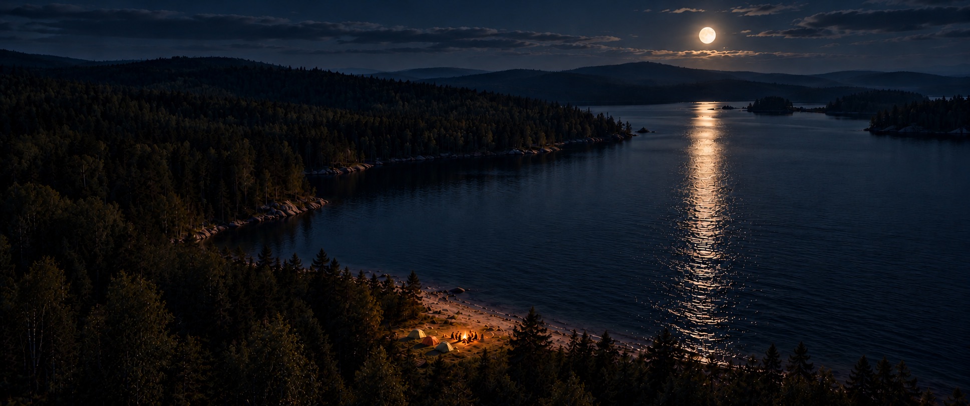 A forest lake at night under a full moon. On the shore, three tents and a group of friends around a campfire.
